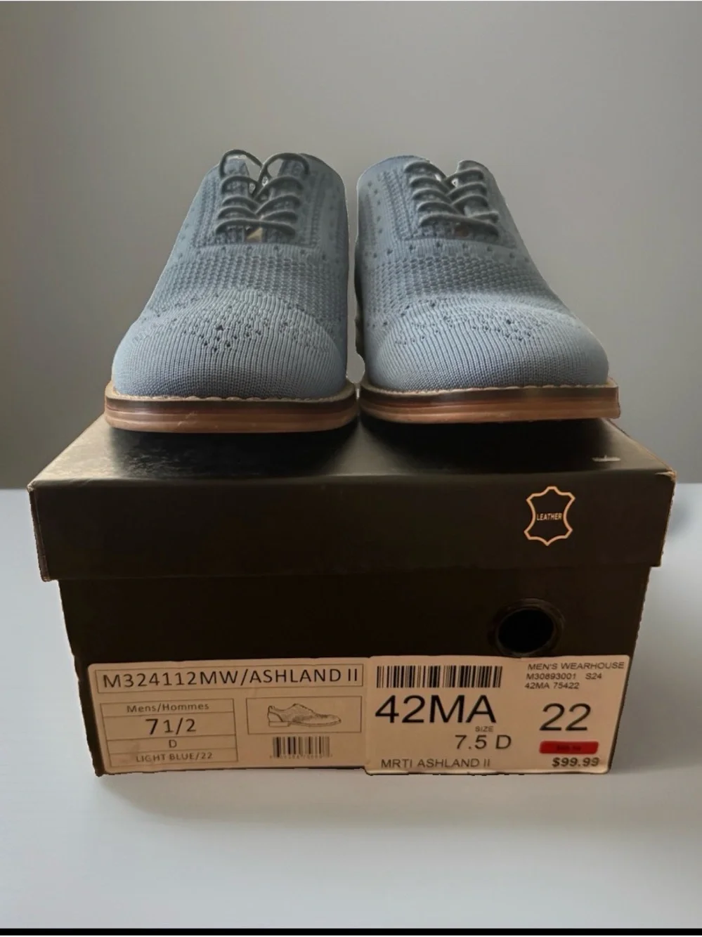 Moretti Gold Label Ashland II Light Blue Knit Leather Wingtip Oxfords 7.5D NWT